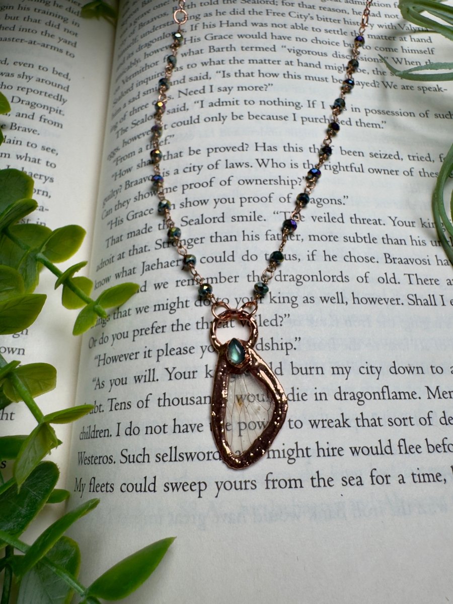 Labradorite and Cicada Wing Necklace with Beaded Chain | Copper Ashes