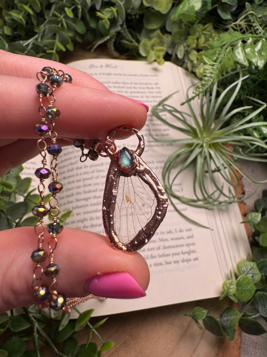 Labradorite and Cicada Wing Necklace with Beaded Chain | Copper Ashes