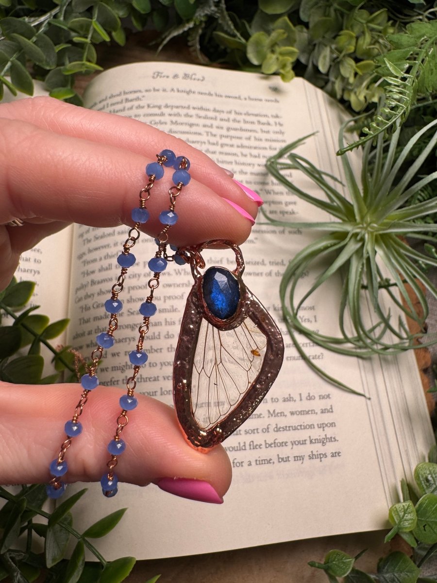 Labradorite and Cicada Wing Necklace with Beaded Chain | Copper Ashes