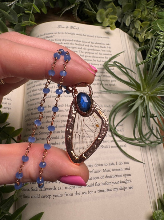 Labradorite and Cicada Wing Necklace with Beaded Chain | Copper Ashes