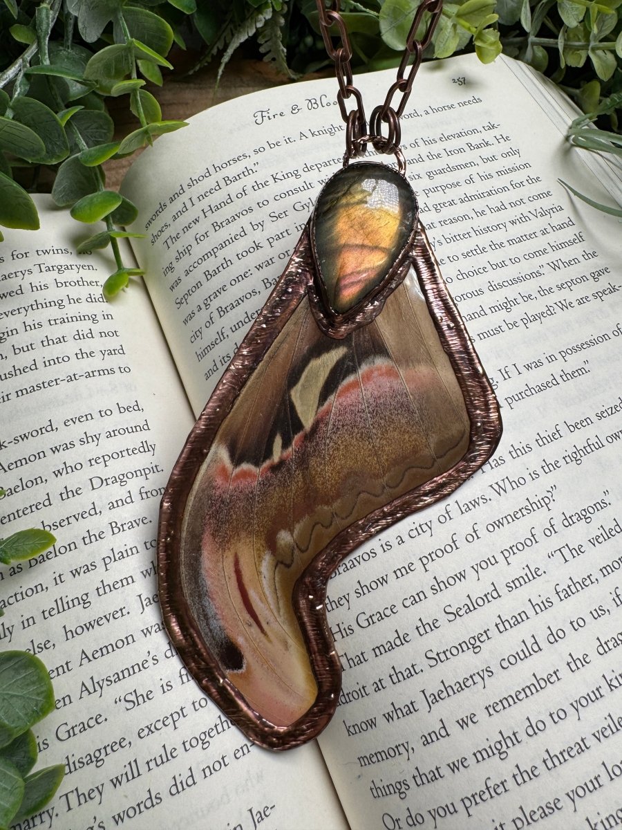 Labradorite and Giant Atlas Moth Wing Necklace | Copper Ashes