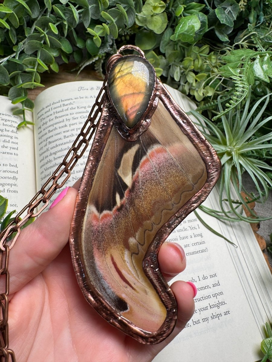 Labradorite and Giant Atlas Moth Wing Necklace | Copper Ashes