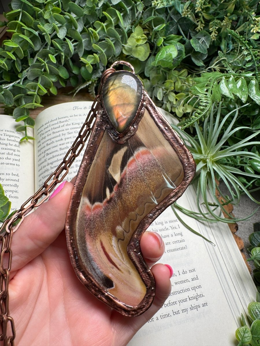 Labradorite and Giant Atlas Moth Wing Necklace | Copper Ashes
