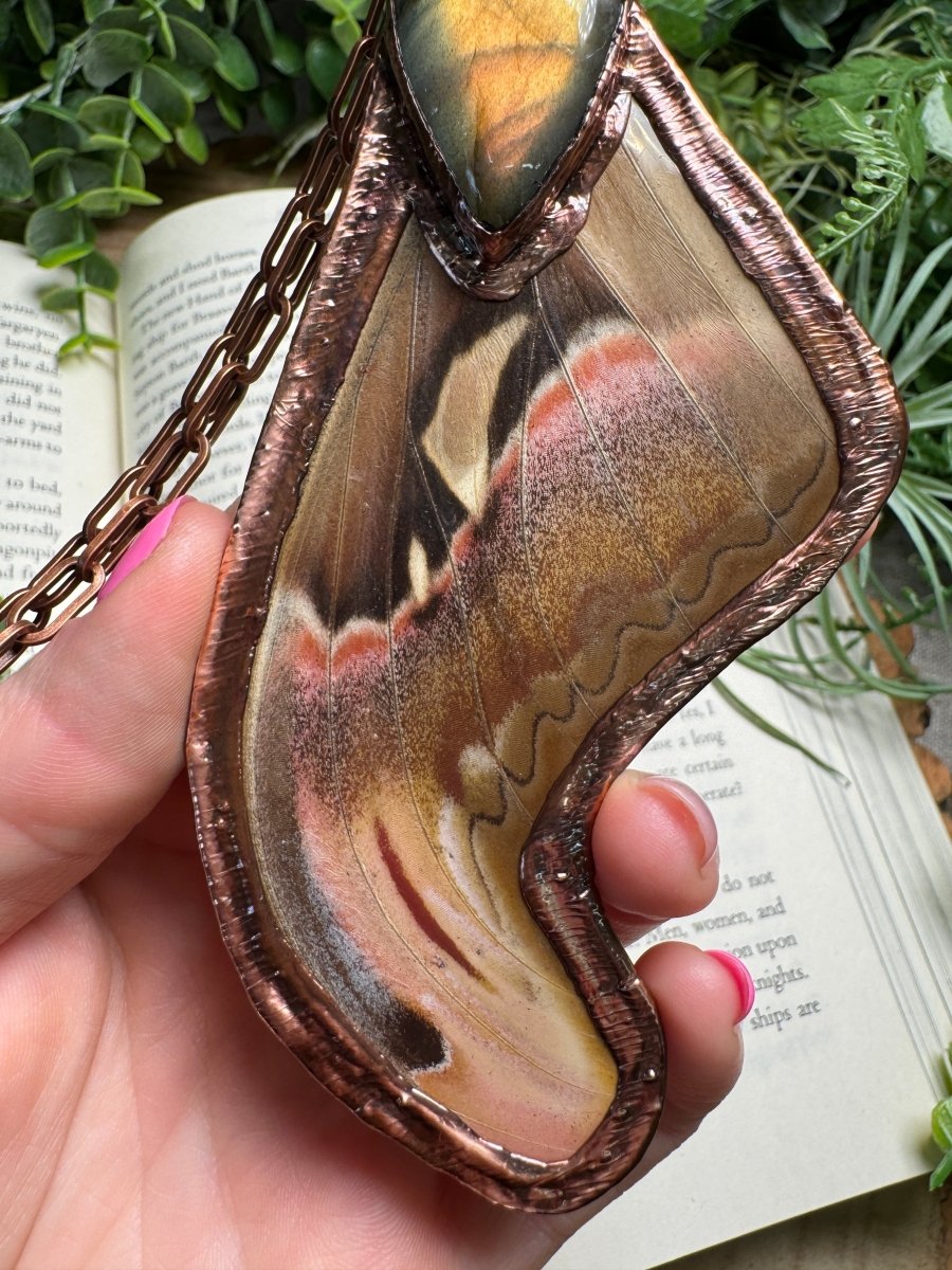 Labradorite and Giant Atlas Moth Wing Necklace | Copper Ashes