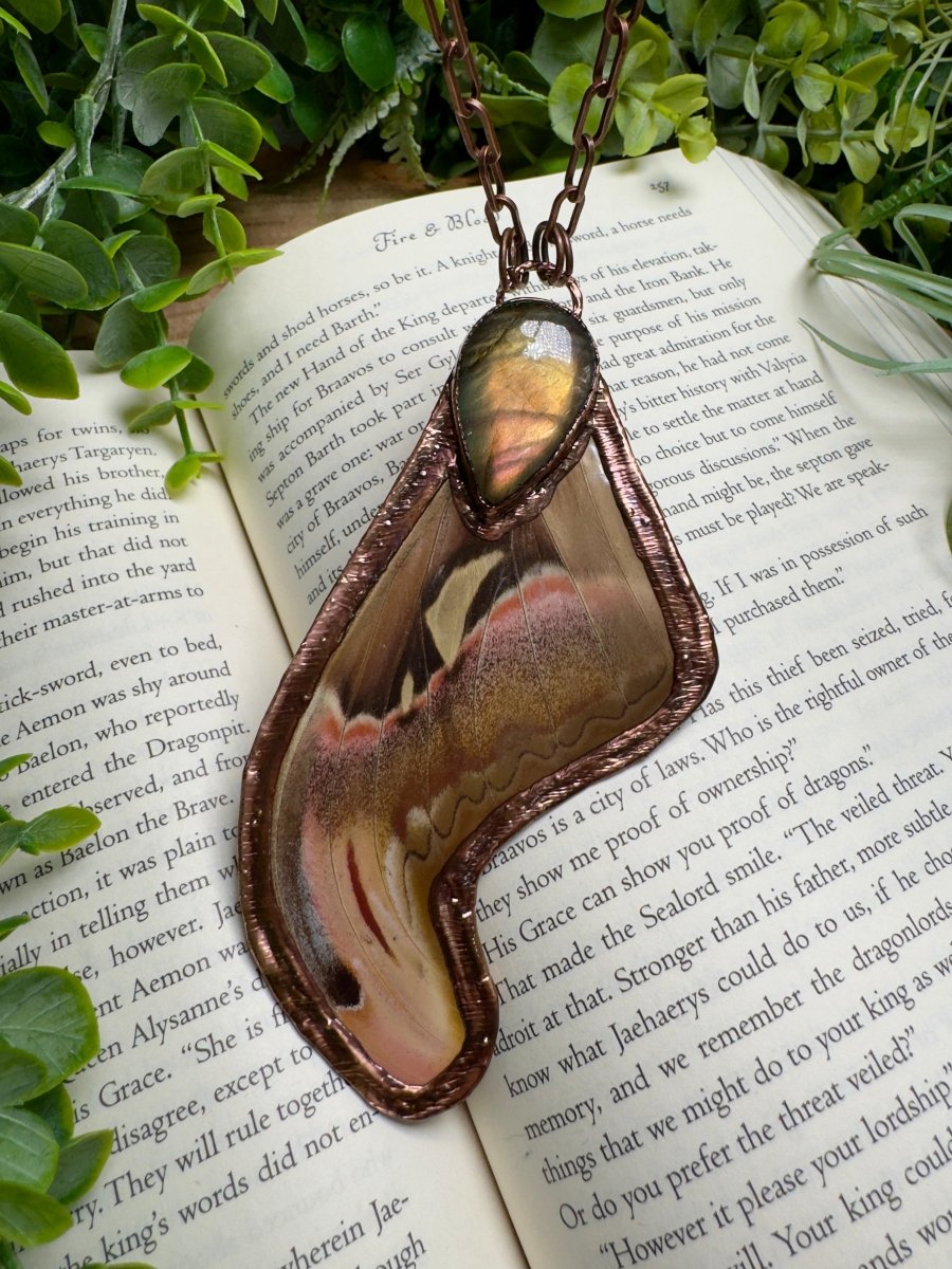 Labradorite and Giant Atlas Moth Wing Necklace | Copper Ashes