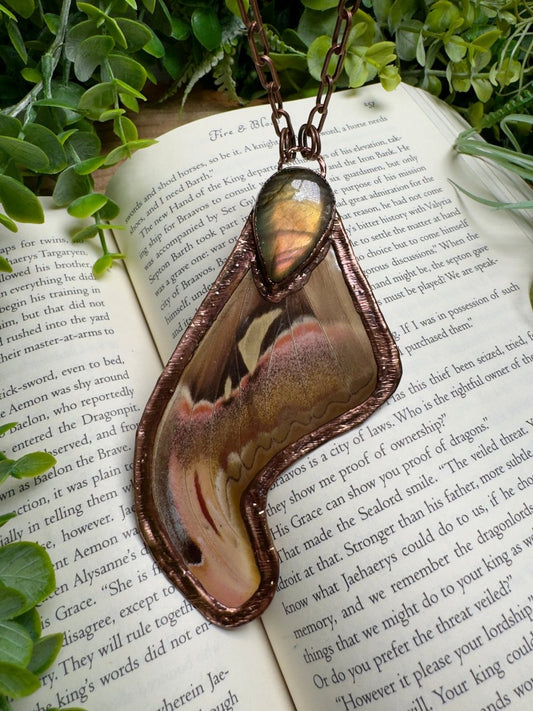 Labradorite and Giant Atlas Moth Wing Necklace | Copper Ashes
