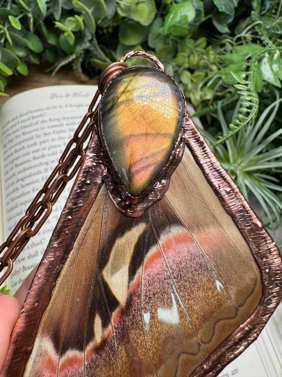 Labradorite and Giant Atlas Moth Wing Necklace | Copper Ashes
