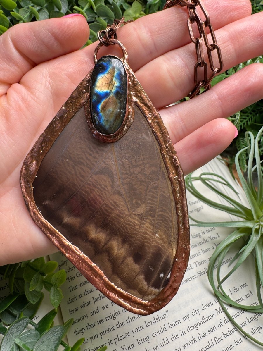 Labradorite and Giant Moth Wing Necklace (reversible) | Copper Ashes