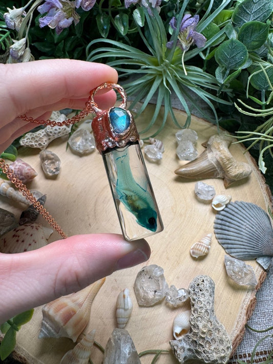 Labradorite and Minnow Oddity Vial Necklace | Copper Ashes