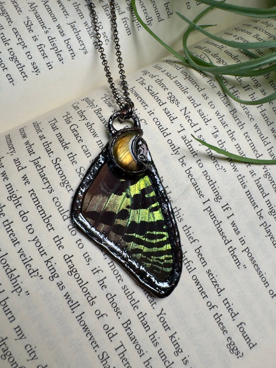 Labradorite Moon and Butterfly Wing Necklace | Copper Ashes