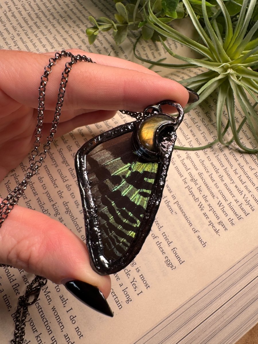 Labradorite Moon and Butterfly Wing Necklace | Copper Ashes