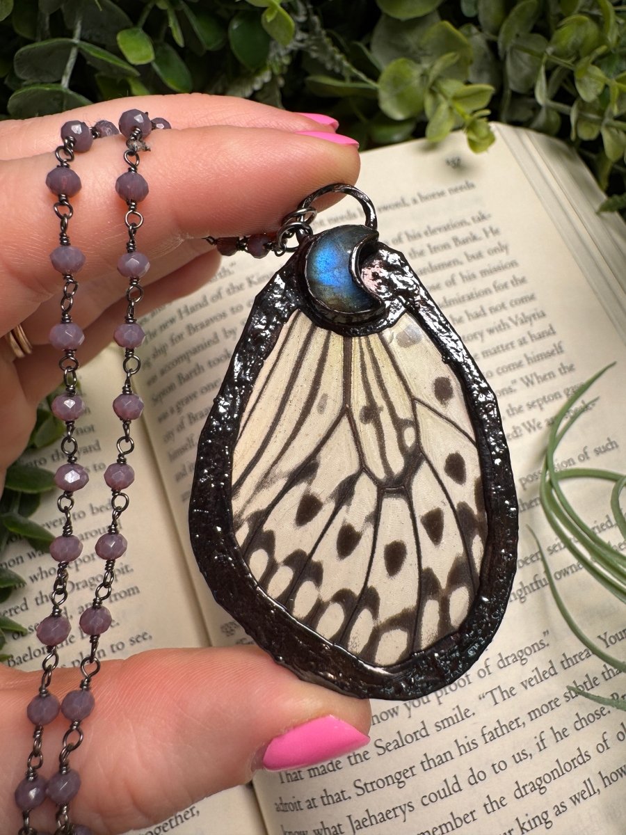 Labradorite Moon and Butterfly Wing Necklace | Copper Ashes