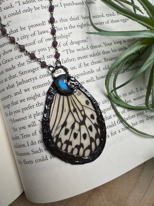 Labradorite Moon and Butterfly Wing Necklace | Copper Ashes