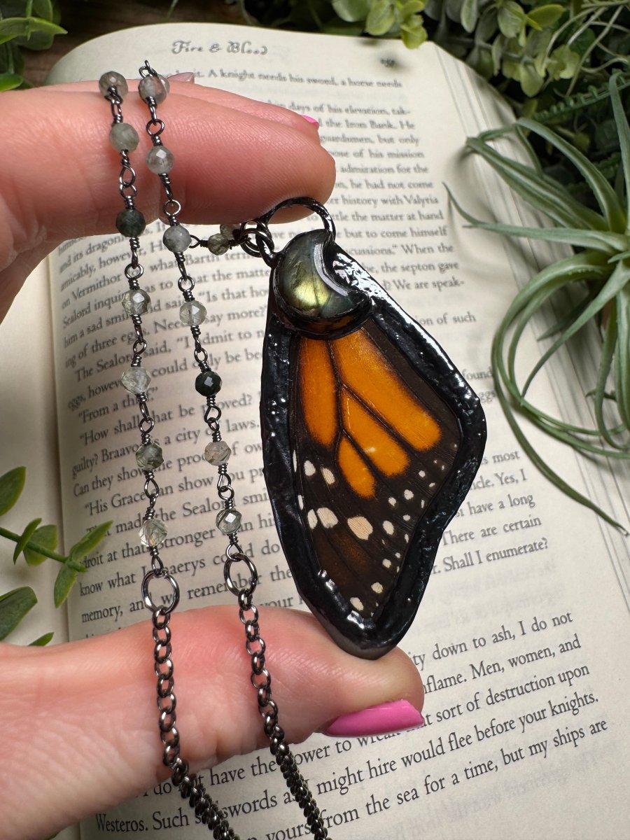 Labradorite Moon and Butterfly Wing Necklace with Moss Agate Beaded Chain | Copper Ashes