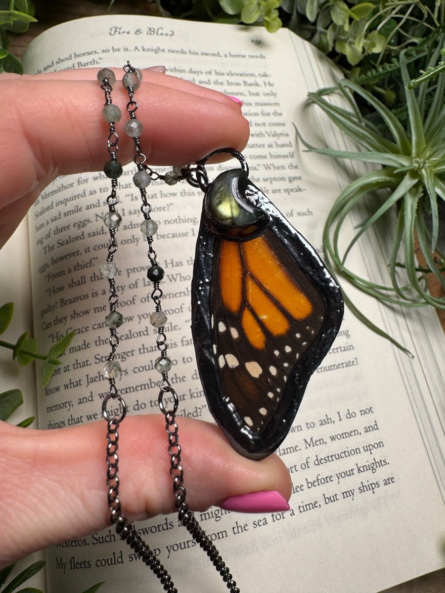 Labradorite Moon and Butterfly Wing Necklace with Moss Agate Beaded Chain | Copper Ashes