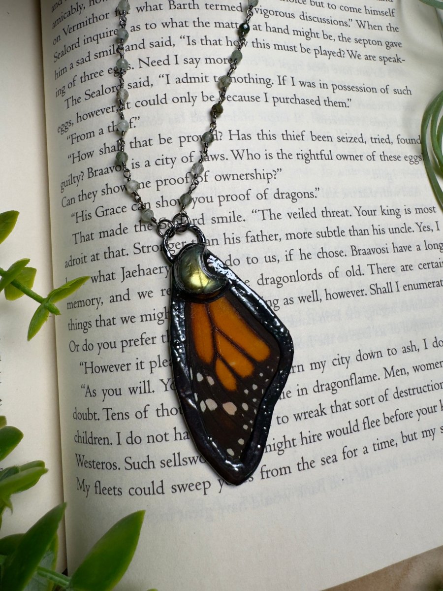Labradorite Moon and Butterfly Wing Necklace with Moss Agate Beaded Chain | Copper Ashes