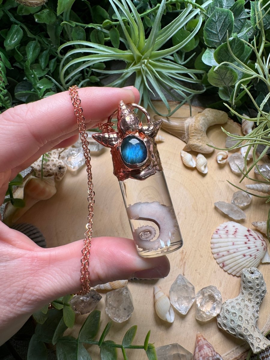 Labradorite, Shell, and Octopus Tentacle Oddity Vial Necklace | Copper Ashes