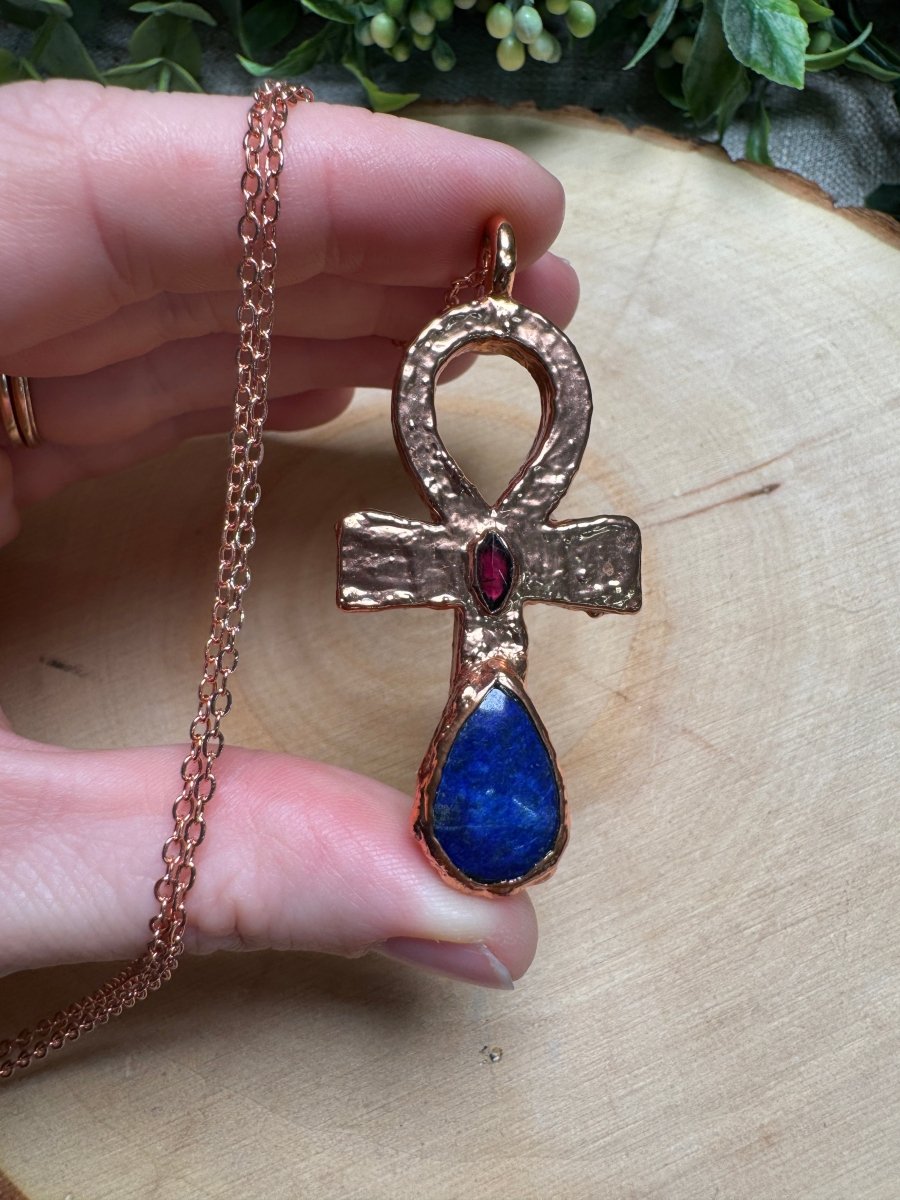 Lapis and Garnet Ankh Necklace | Copper Ashes