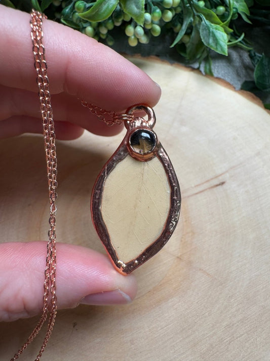 Leaf and Smoky Quartz Necklace | Copper Ashes