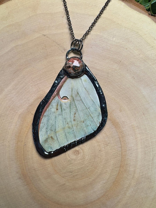 Luna Moth Wing and Leopard Skin Jasper Necklace | Copper Ashes