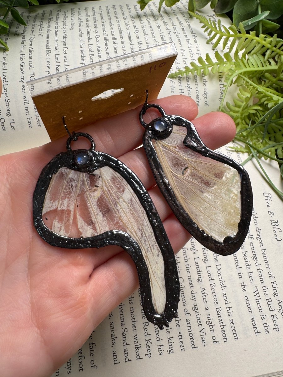 Luna Moth Wing and Moonstone Earrings | Copper Ashes