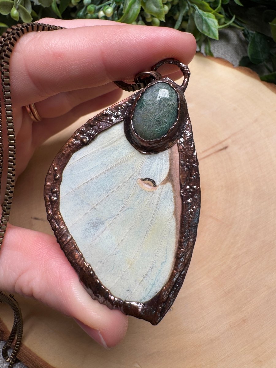 Luna Moth Wing and Moss Agate Necklace | Copper Ashes