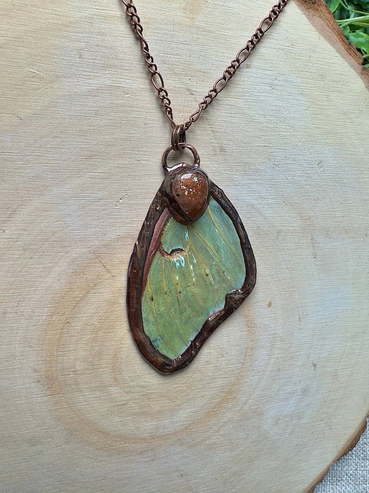 Luna Moth Wing and Sunstone Necklace | Copper Ashes