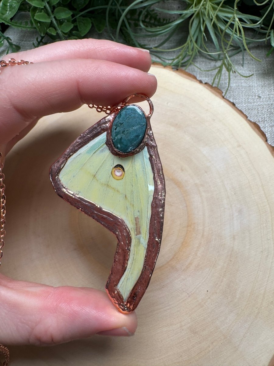 Luna Moth Wing and Turquoise Necklace | Copper Ashes