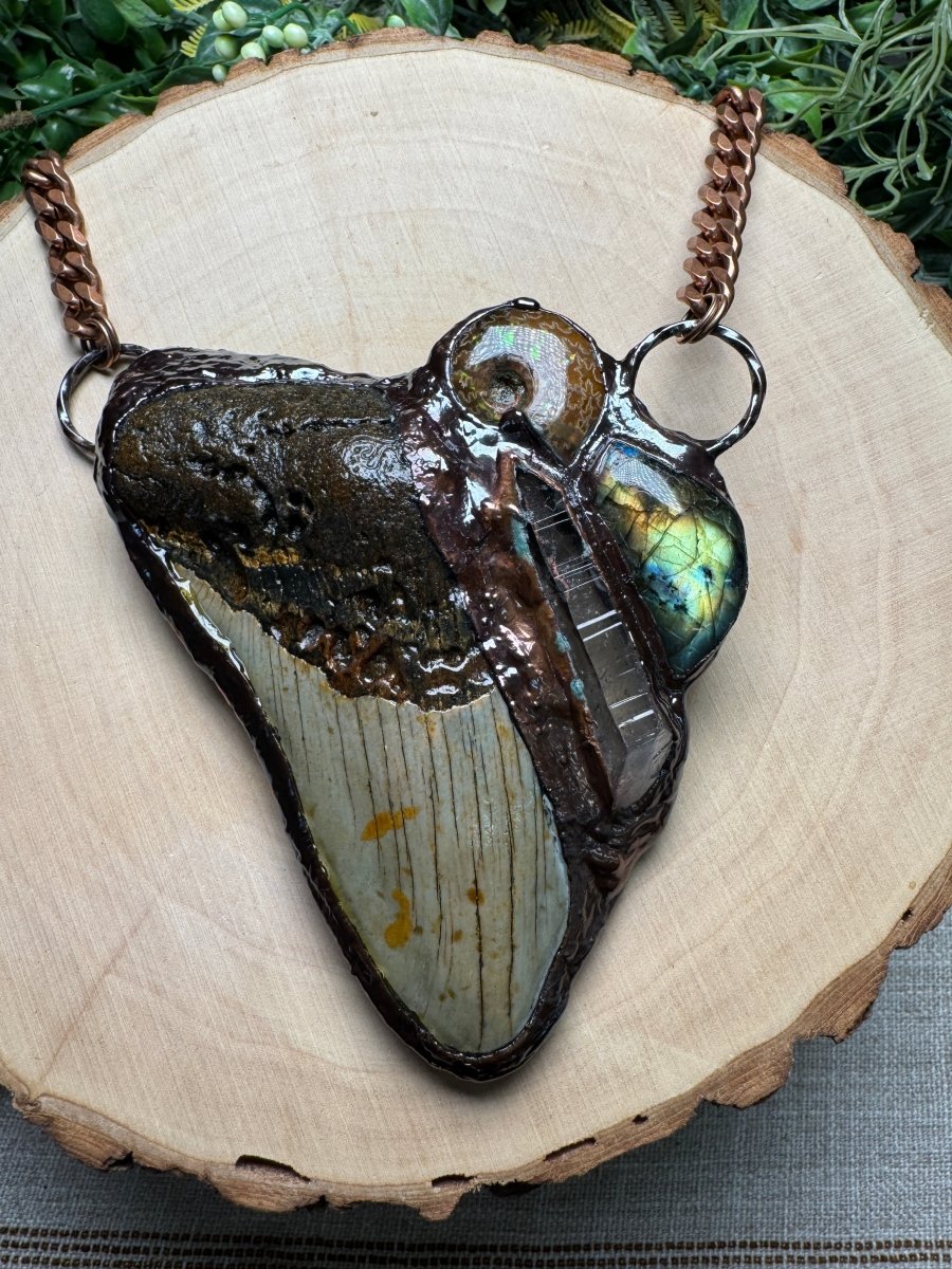 Megalodon Tooth, Ammonite, Labradorite, and Quartz Necklace | Copper Ashes