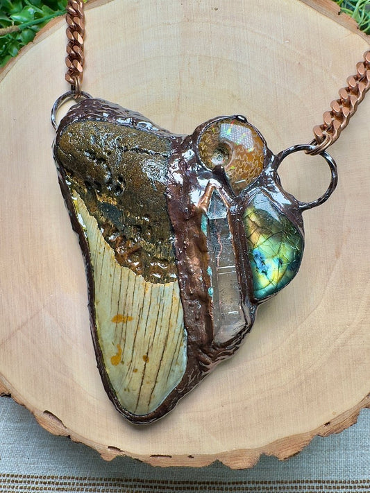 Megalodon Tooth, Ammonite, Labradorite, and Quartz Necklace | Copper Ashes