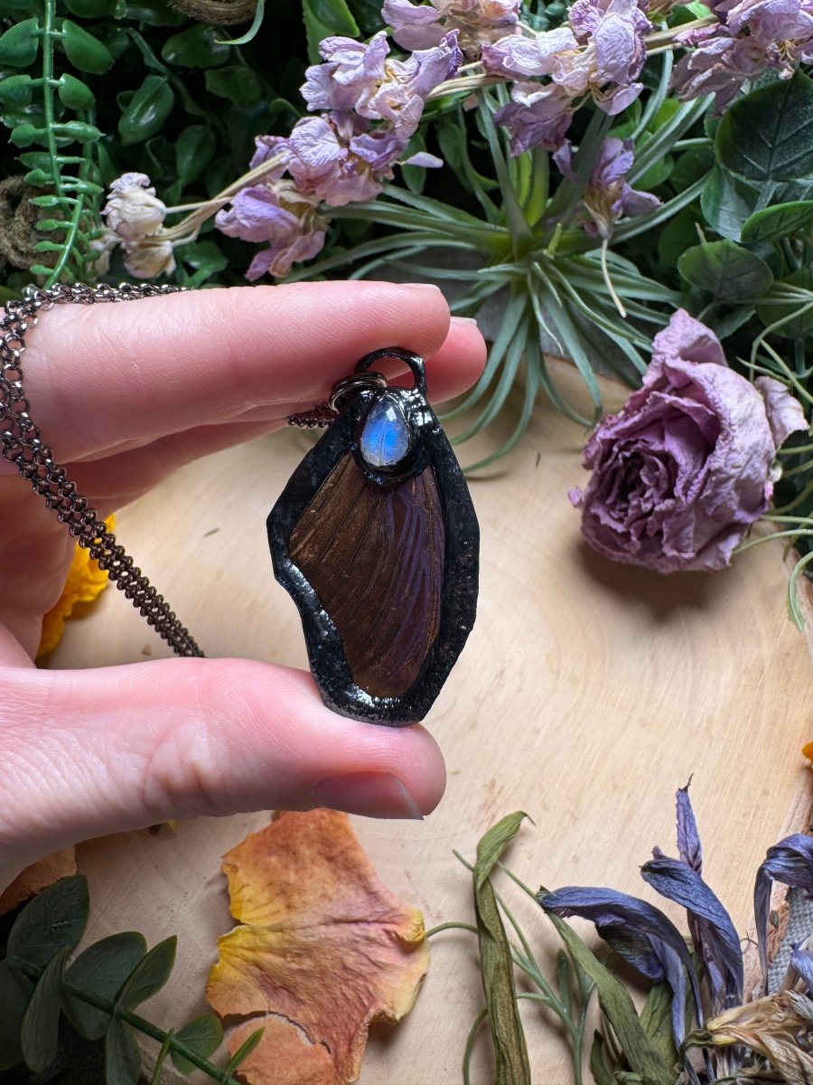 Moonstone and Butterfly Wing Necklace | Copper Ashes