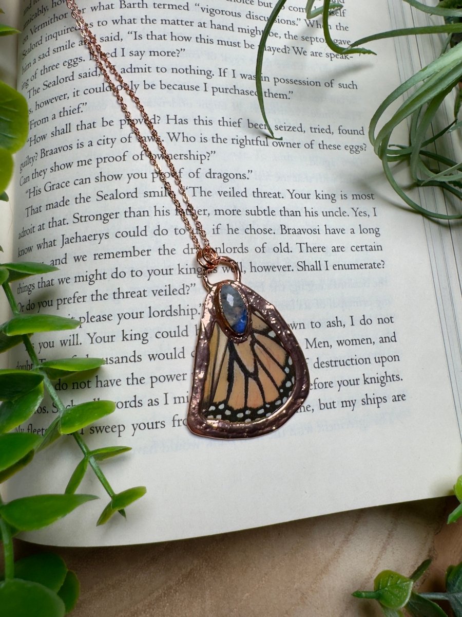 Moonstone and Butterfly Wing Necklace | Copper Ashes