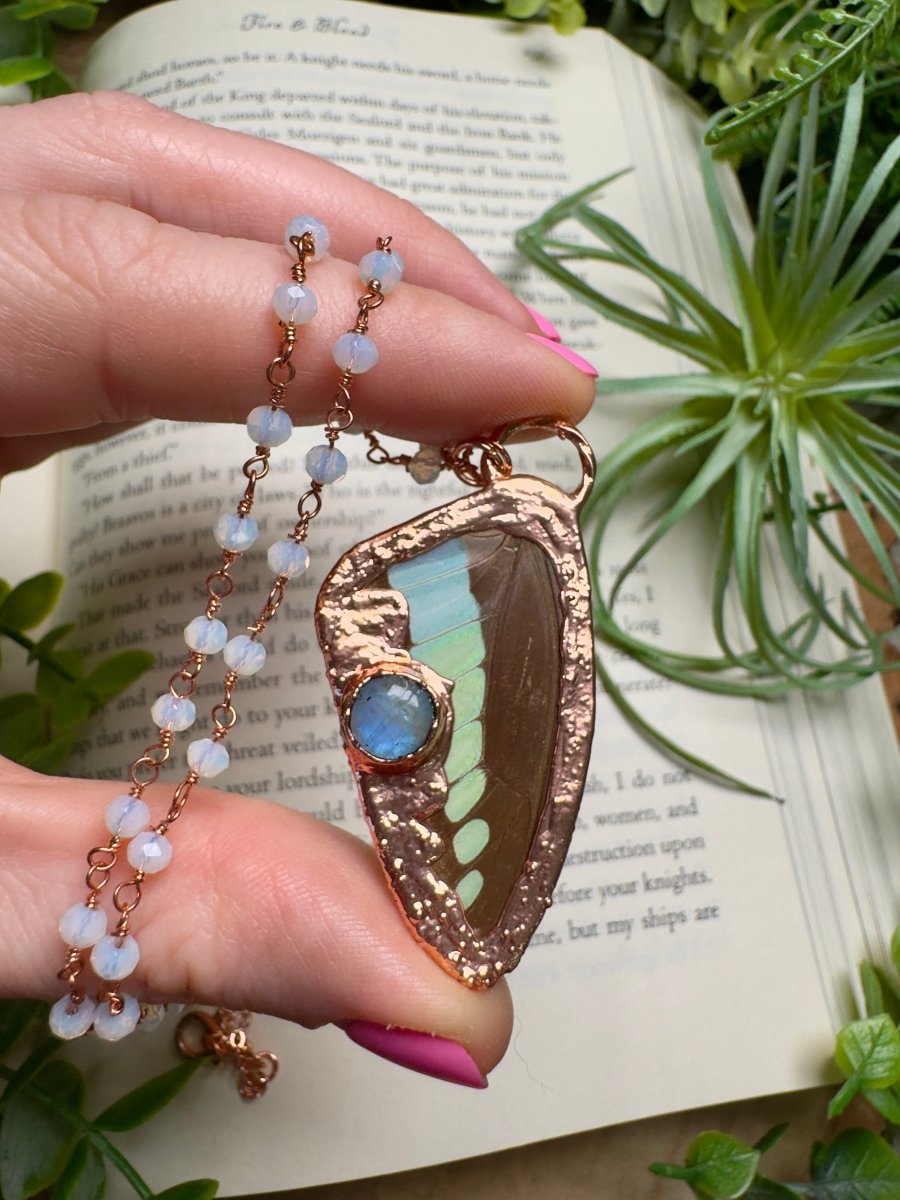 Moonstone and Butterfly Wing Necklace with Beaded Chain | Copper Ashes
