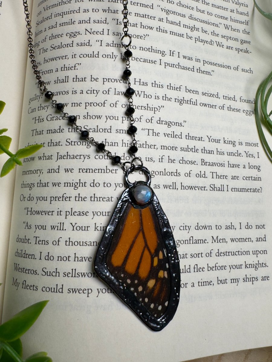 Moonstone and Butterfly Wing Necklace with Beaded Chain | Copper Ashes