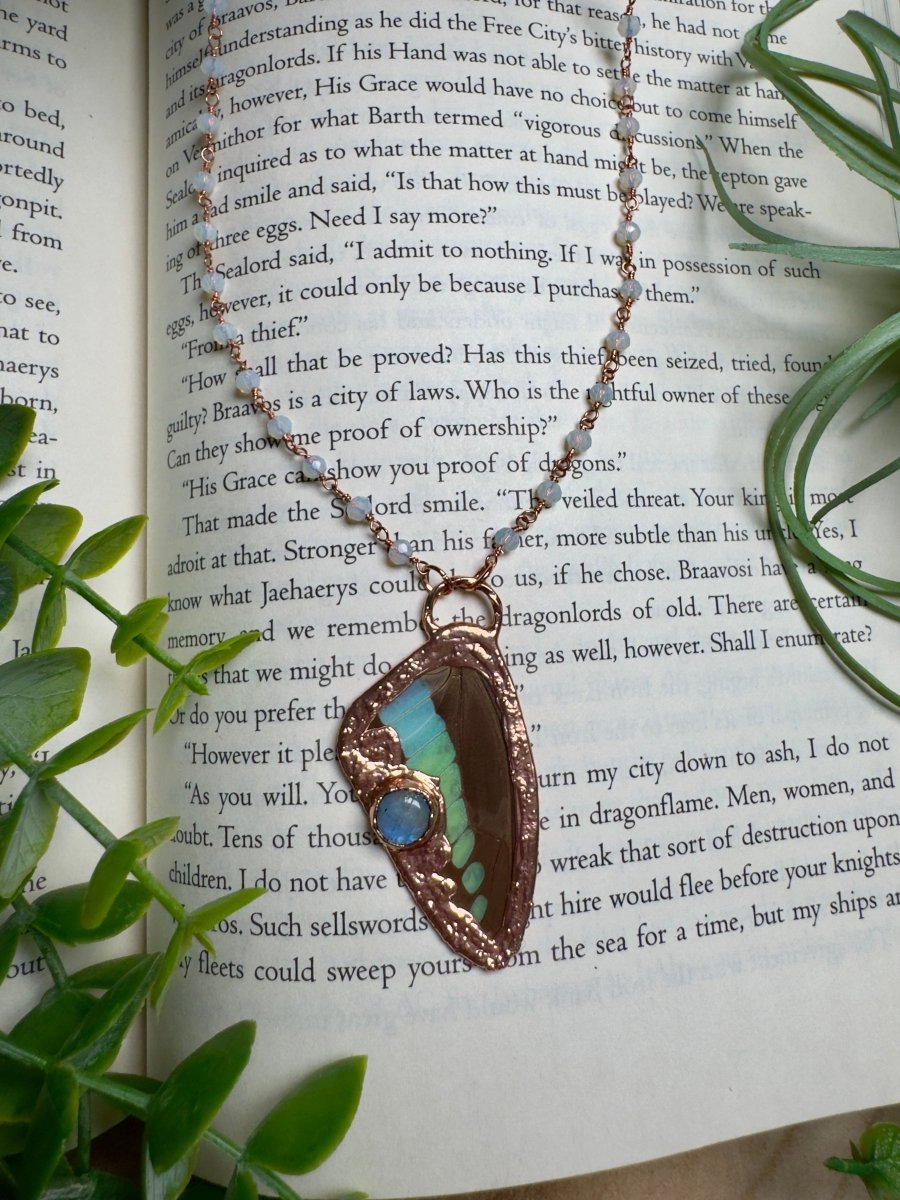 Moonstone and Butterfly Wing Necklace with Beaded Chain | Copper Ashes