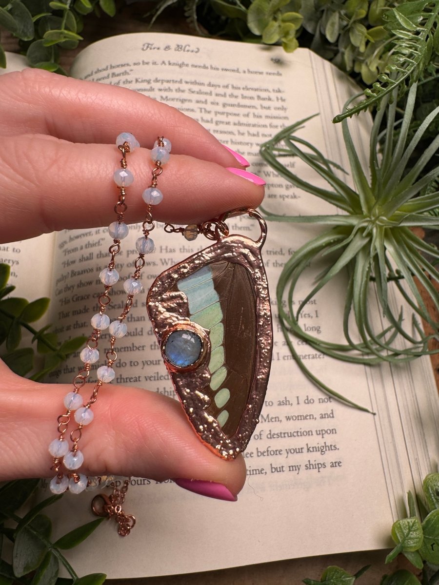Moonstone and Butterfly Wing Necklace with Beaded Chain | Copper Ashes