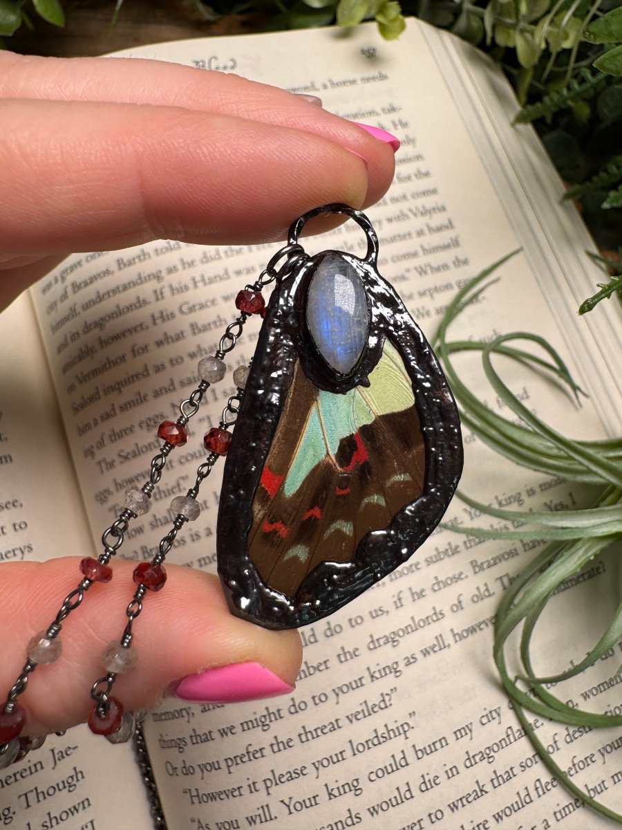 Moonstone and Butterfly Wing Necklace with Labradorite and Garnet Beaded Chain (reversible) | Copper Ashes