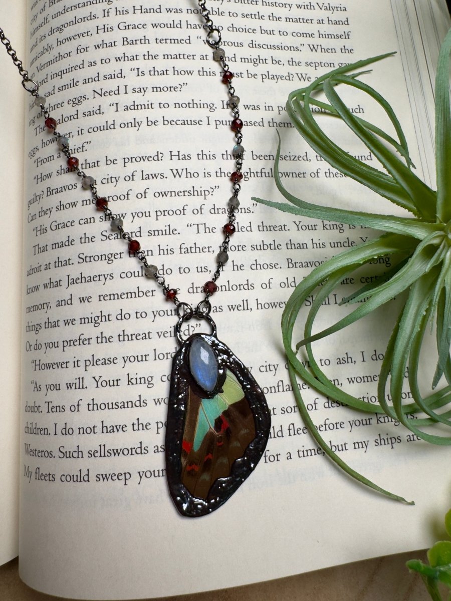 Moonstone and Butterfly Wing Necklace with Labradorite and Garnet Beaded Chain (reversible) | Copper Ashes
