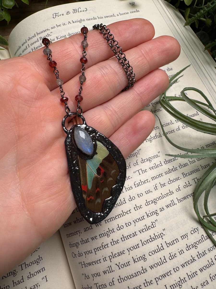 Moonstone and Butterfly Wing Necklace with Labradorite and Garnet Beaded Chain (reversible) | Copper Ashes