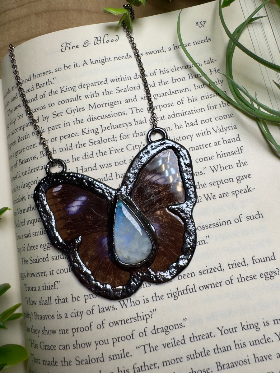 Moonstone and Butterfly Wing Statement Necklace | Copper Ashes