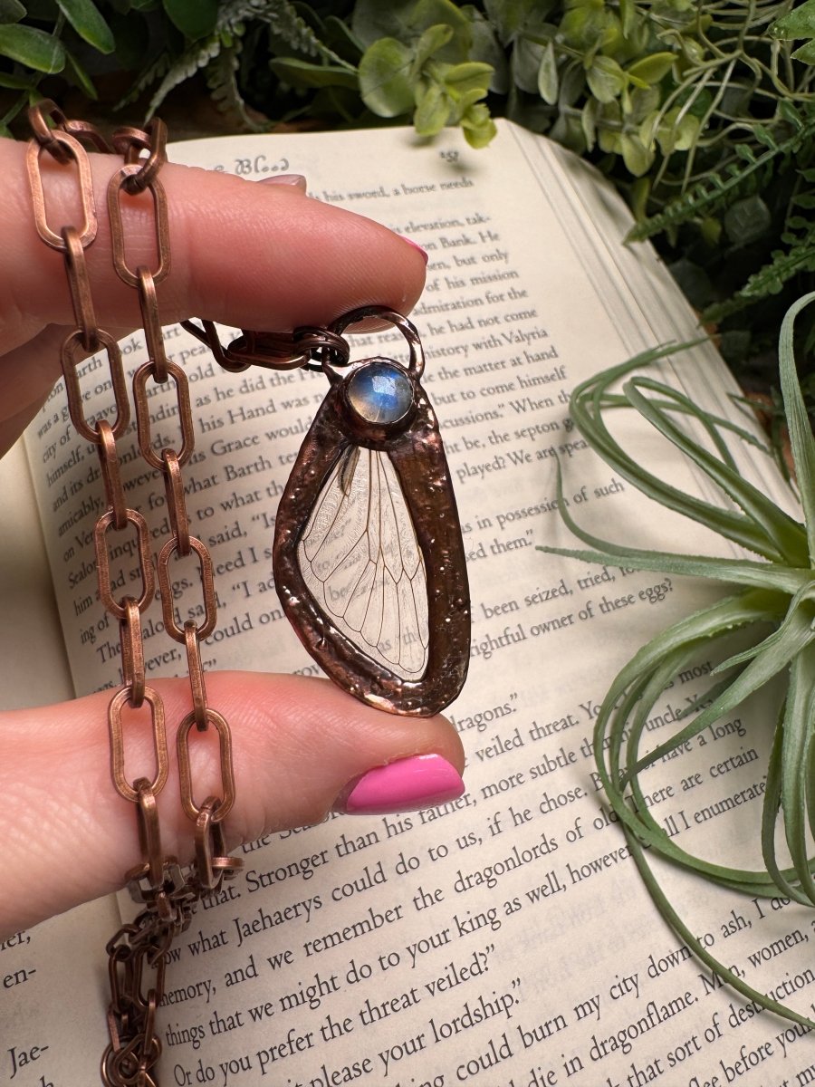 Moonstone and Cicada Wing Necklace | Copper Ashes