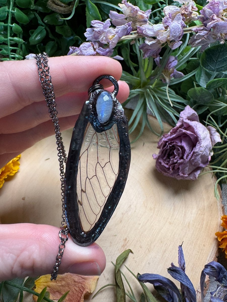 Moonstone and Cicada Wing Necklace | Copper Ashes