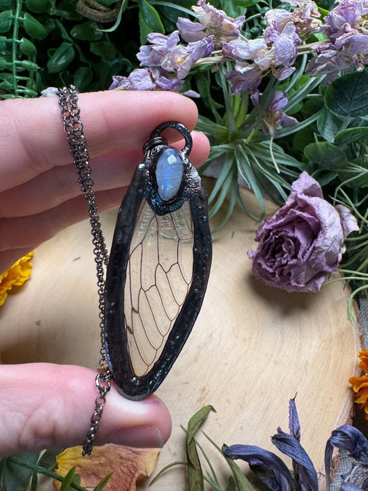 Moonstone and Cicada Wing Necklace | Copper Ashes