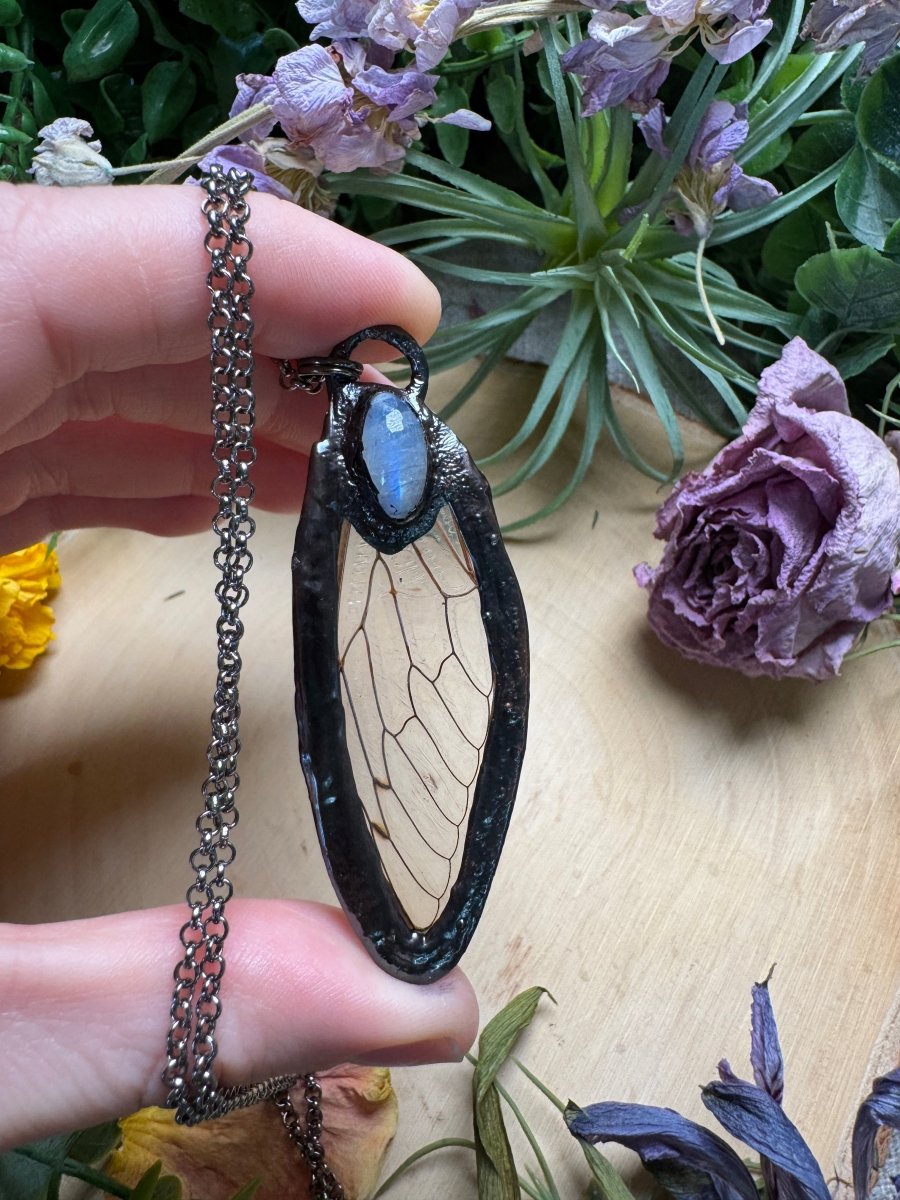 Moonstone and Cicada Wing Necklace | Copper Ashes