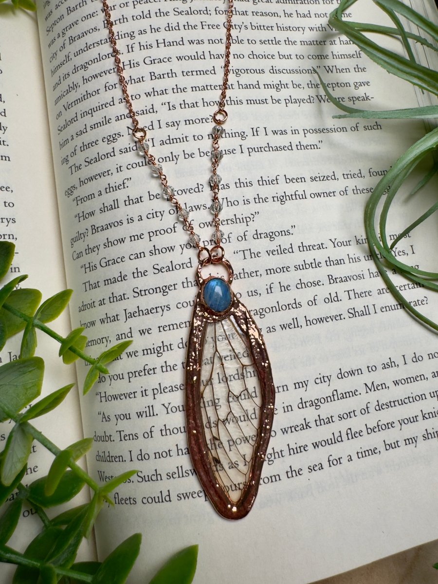 Moonstone and Cicada Wing Necklace with Beaded Chain | Copper Ashes