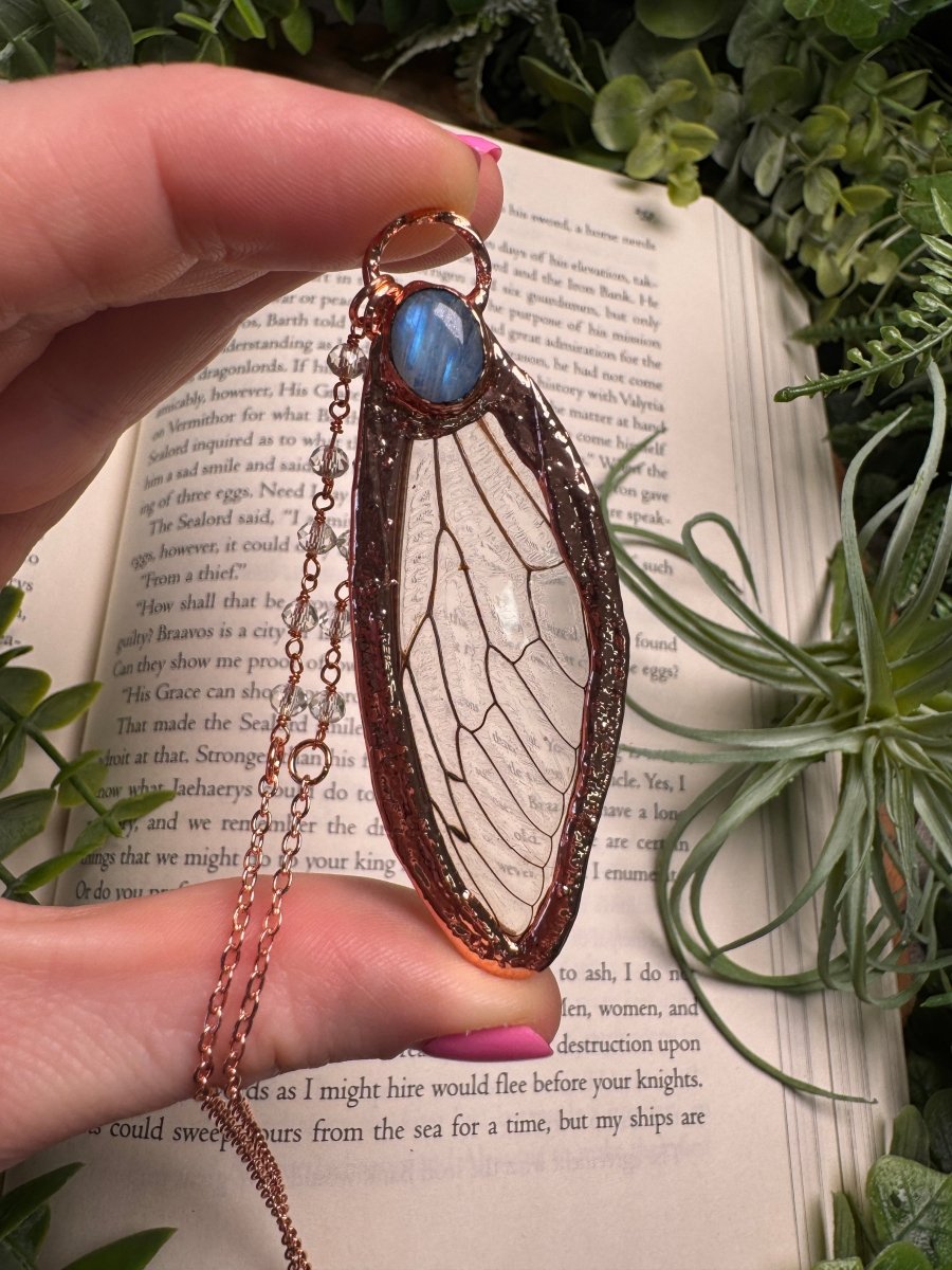 Moonstone and Cicada Wing Necklace with Beaded Chain | Copper Ashes