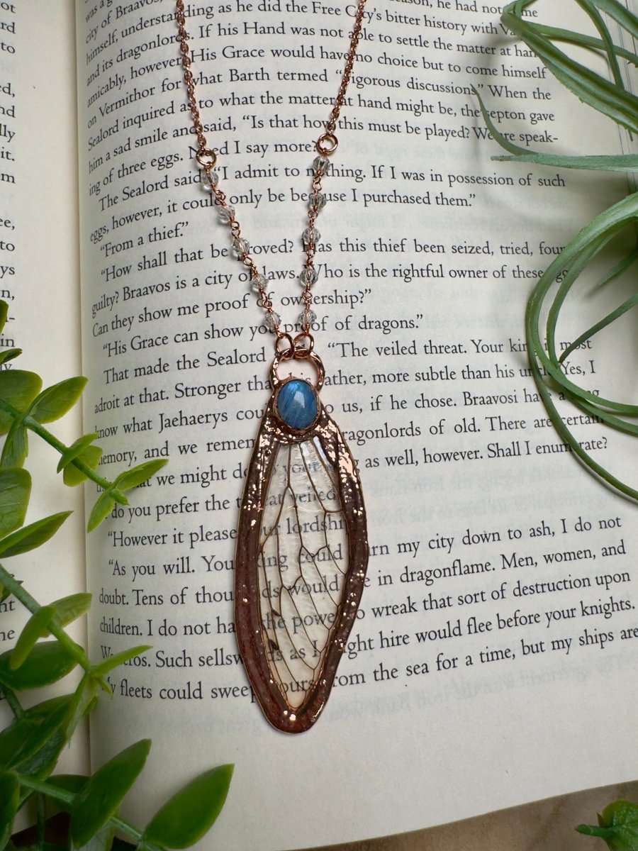 Moonstone and Cicada Wing Necklace with Beaded Chain | Copper Ashes