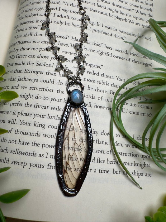 Moonstone and Cicada Wing Necklace with Labradorite Beaded Chain | Copper Ashes
