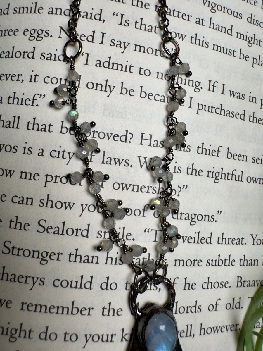 Moonstone and Cicada Wing Necklace with Labradorite Beaded Chain | Copper Ashes