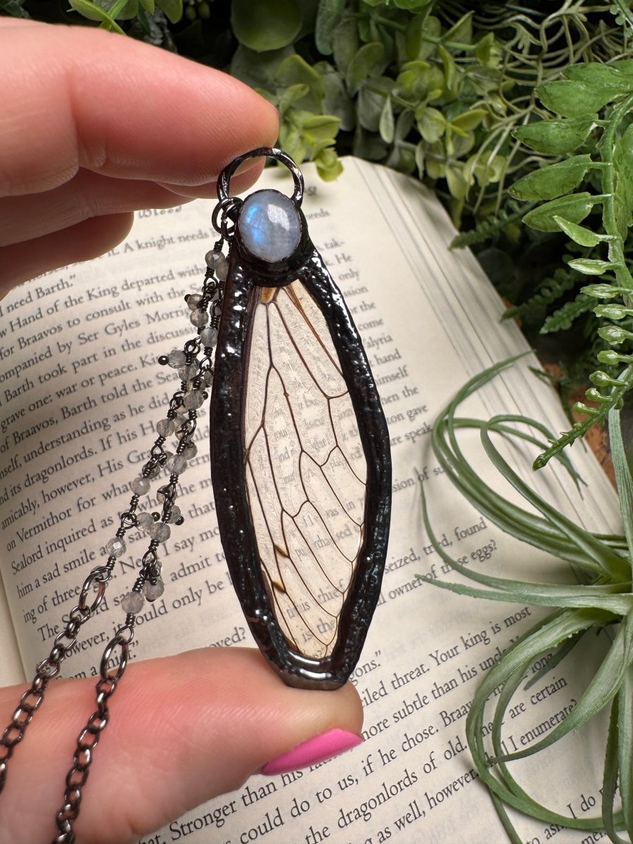 Moonstone and Cicada Wing Necklace with Labradorite Beaded Chain | Copper Ashes